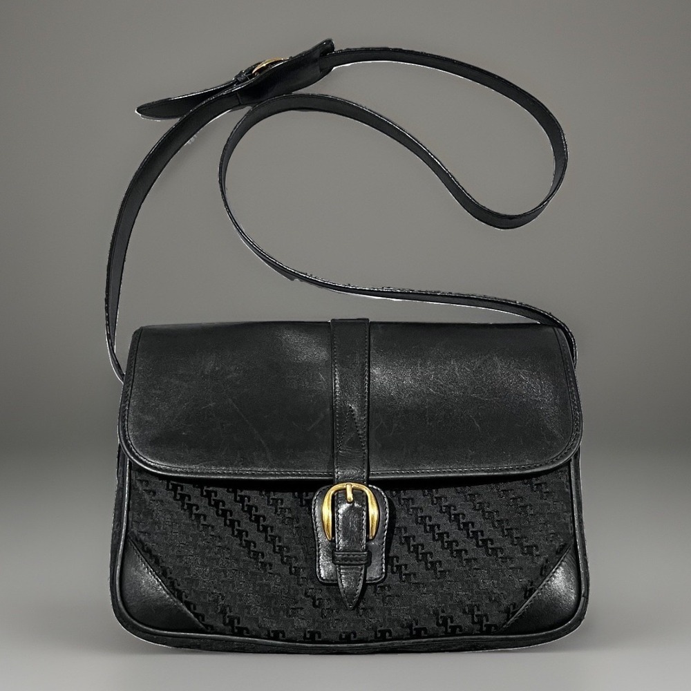 VTG Gucci Womens Black Canvas Leather Shoulder Crossbody Monogram Messenger Bag